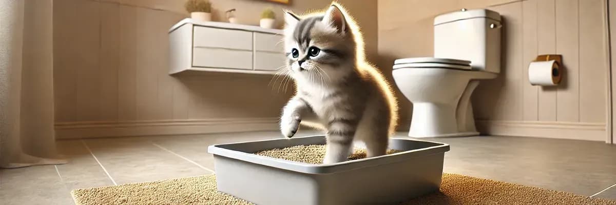 кошеня в лотку під час привчання до туалету в квартирі