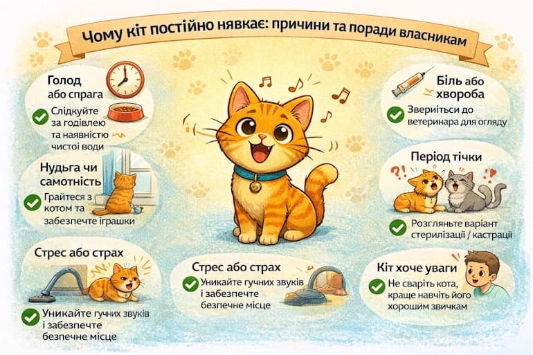 чому кіт постійно нявкає причини та поради власникам інфографіка