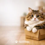 кіт сидить у картонній коробці вдома