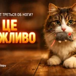 кіт треться об ноги господаря та тримає іграшку в роті