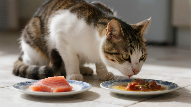 кіт їсть їжу з тарілки поруч зі шматочками тунця