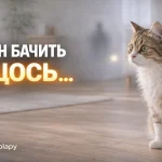 кіт уважно дивиться в одну точку у світлій кімнаті