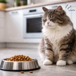 кіт сидить біля миски з сухим кормом і не їсть