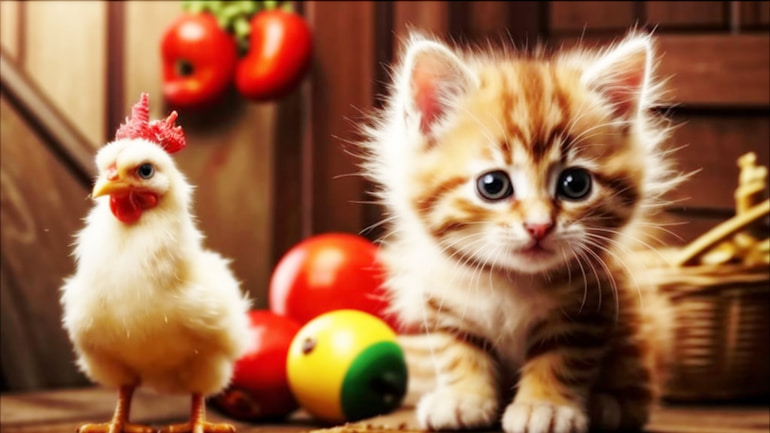 кошеня поруч із куркою