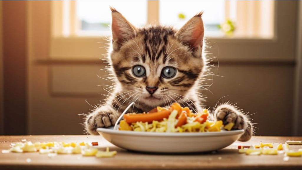 кошеня їсть курку з миски