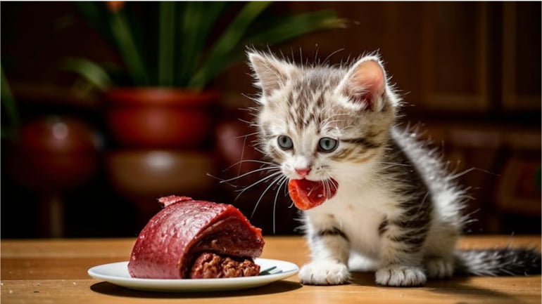 кошеня їсть шматочок печінки на тарілці — користь печінки для котів