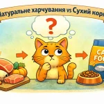 натуральне харчування vs сухий корм для котів — кіт обирає між м’ясом і сухим кормом