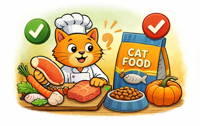 натуральне харчування кота — кіт кухар поруч із м’ясом та овочами