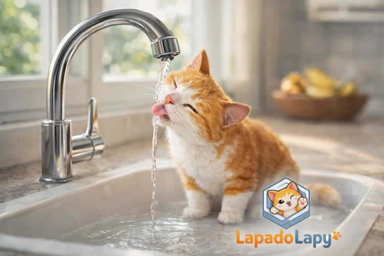 кіт п’є воду з крана на кухні