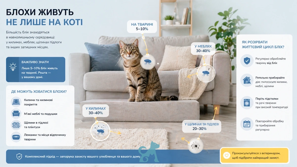 блохи у кота та в домі — де живуть паразити в квартирі (килими меблі підлога)