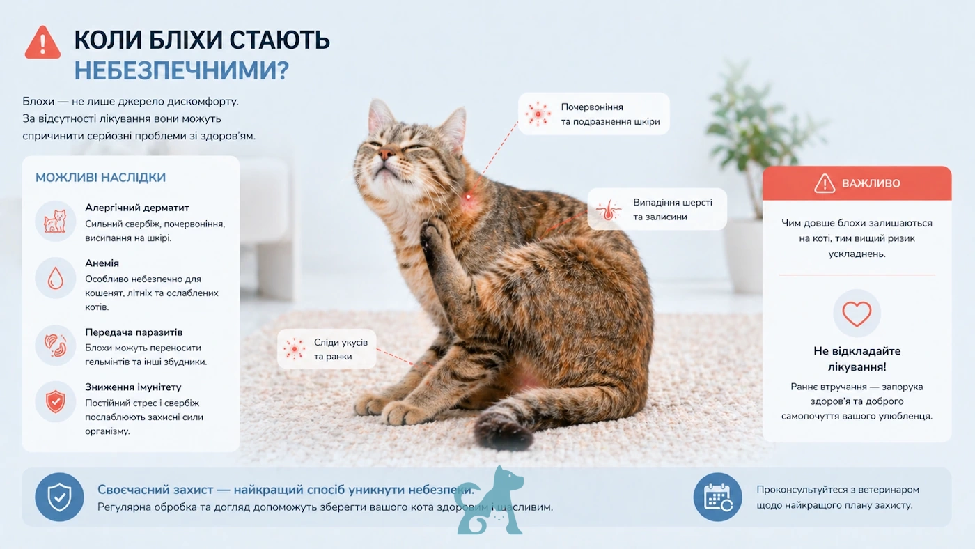 ускладнення від бліх у кота — свербіж випадіння шерсті подразнення коли звертатися до ветеринара