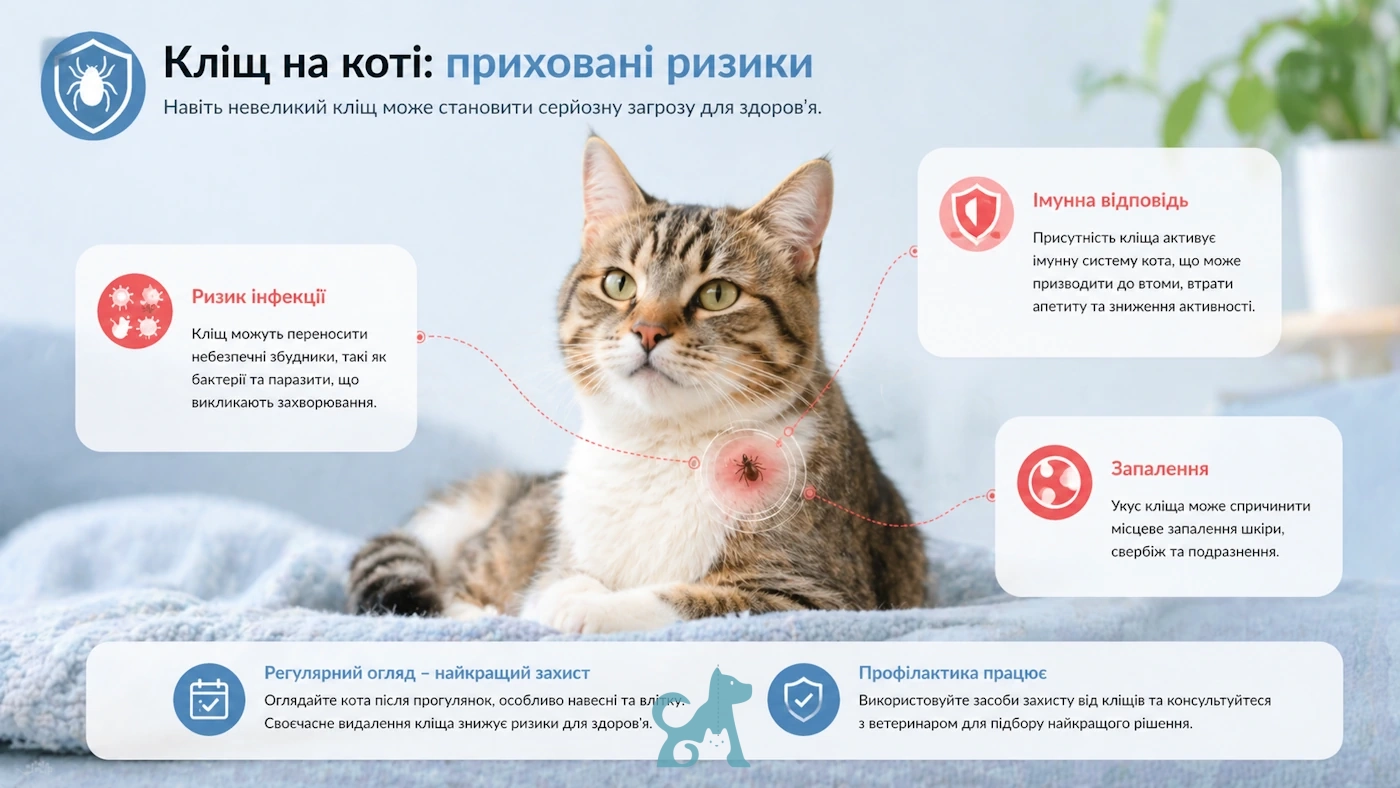 кліщ у кота та приховані ризики — інфекції і запалення від укусу кліща