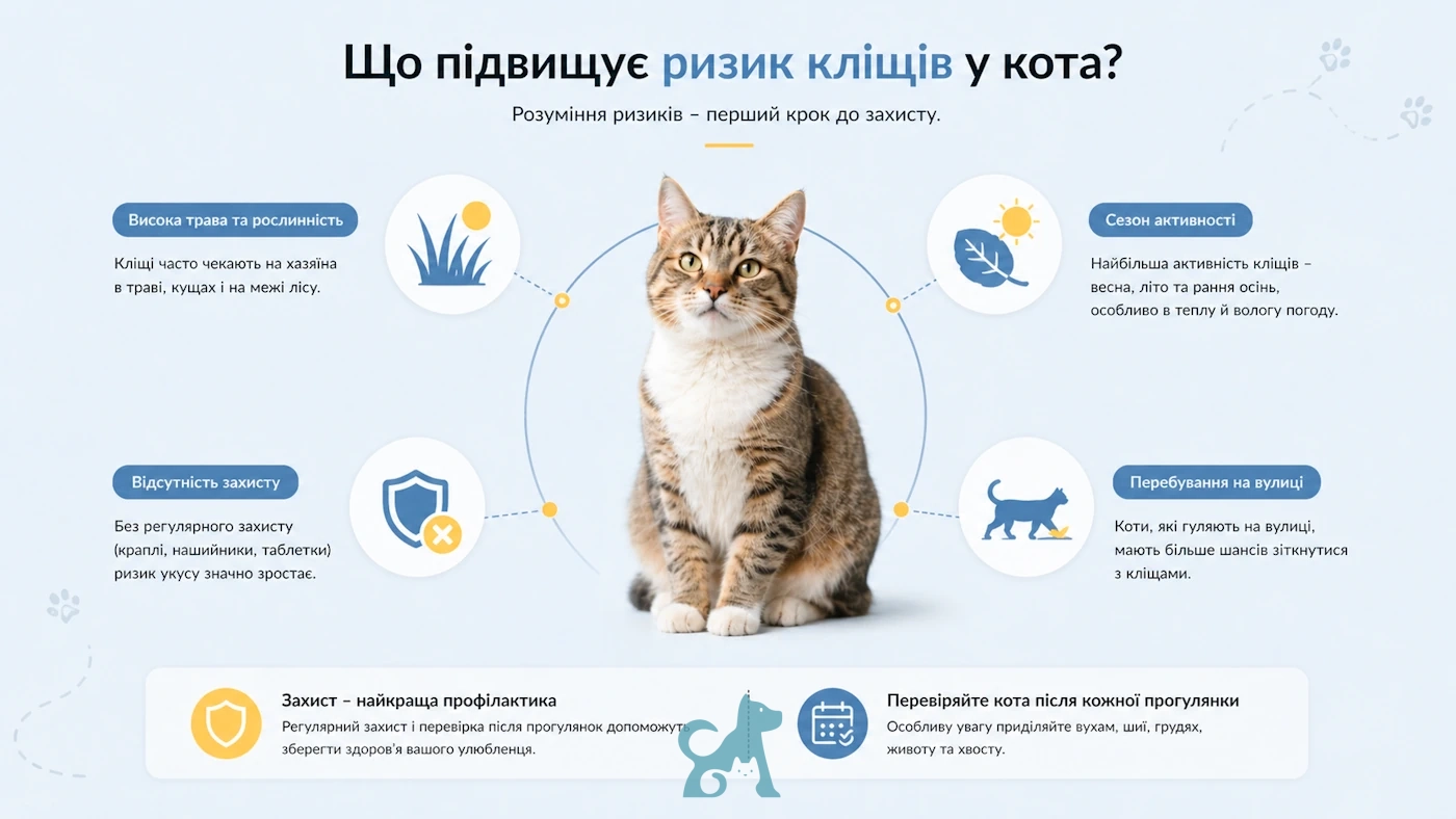 фактори ризику кліщів у кота — висока трава відсутність захисту сезонність прогулянки