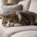 кіт лежить на дивані без енергії, млявий стан кота, ознаки хвороби у котів