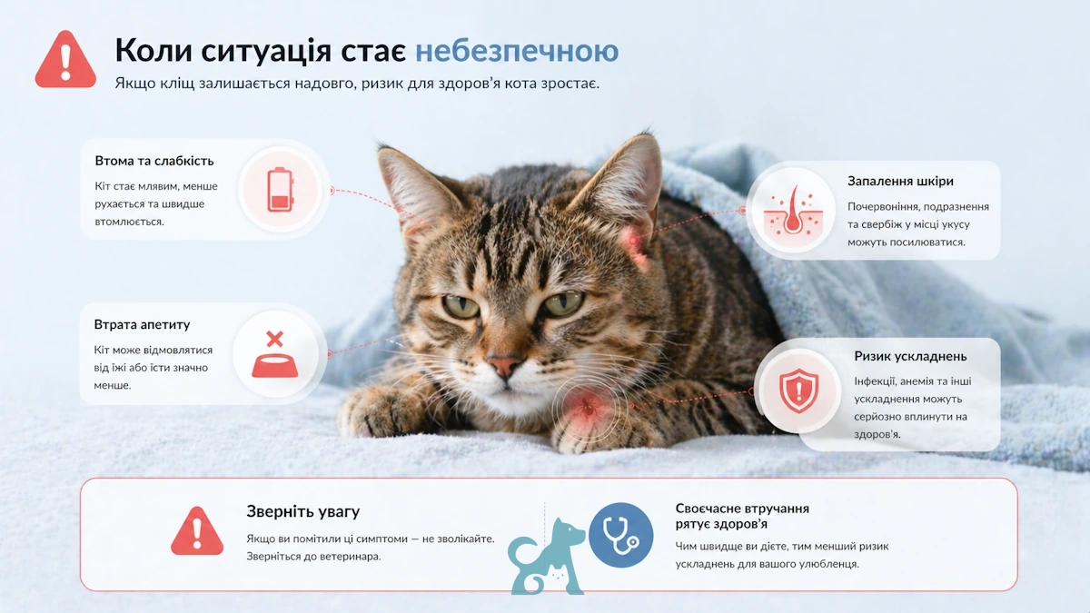 небезпечні симптоми кліща у кота — слабкість втрата апетиту запалення коли звертатися до ветеринара