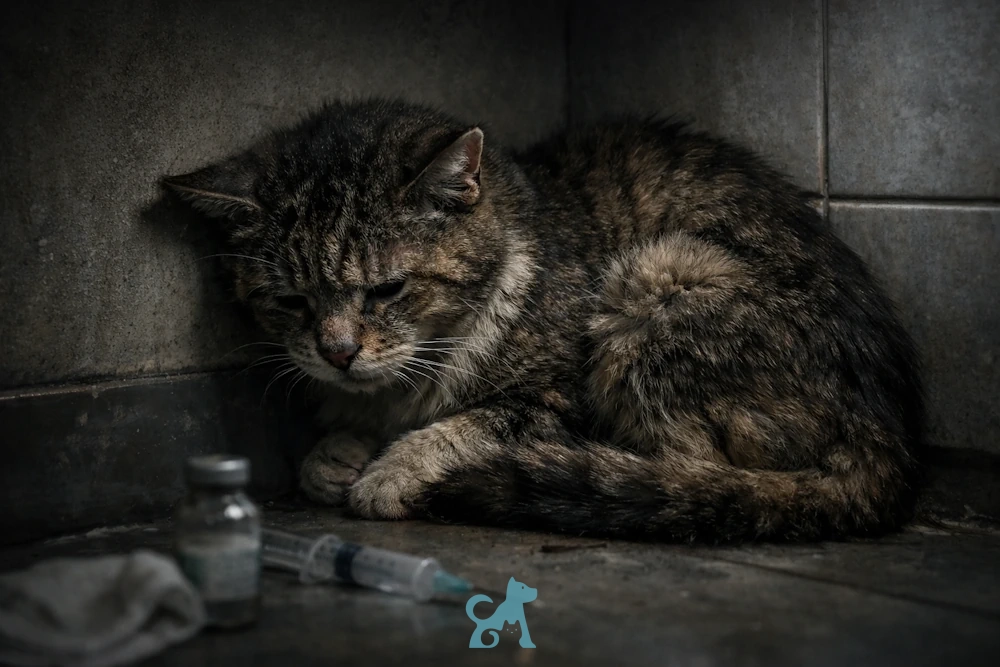 хворий кіт у поганому стані біля ветеринарних препаратів