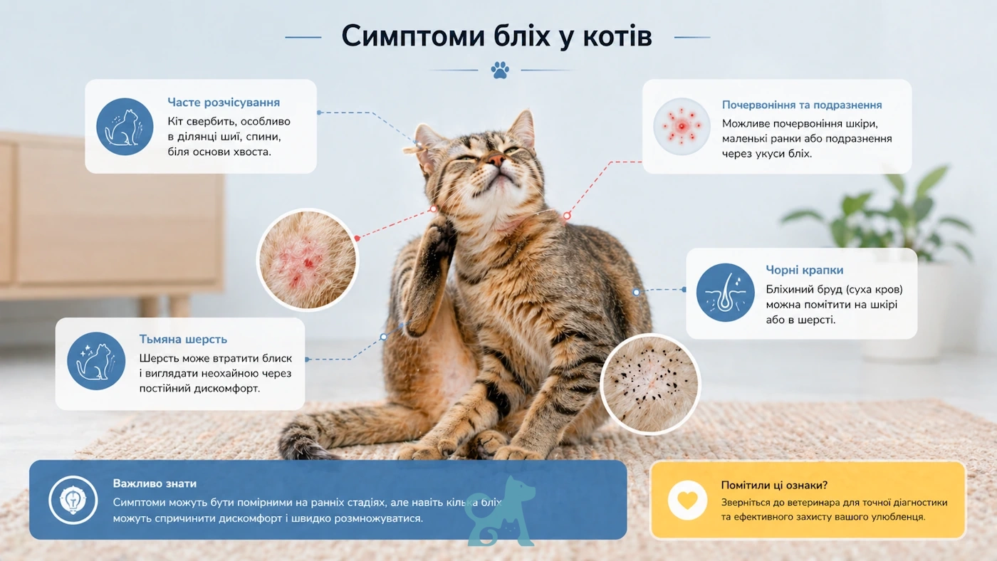 симптоми бліх у кота — свербіж почервоніння чорні крапки та тьмяна шерсть