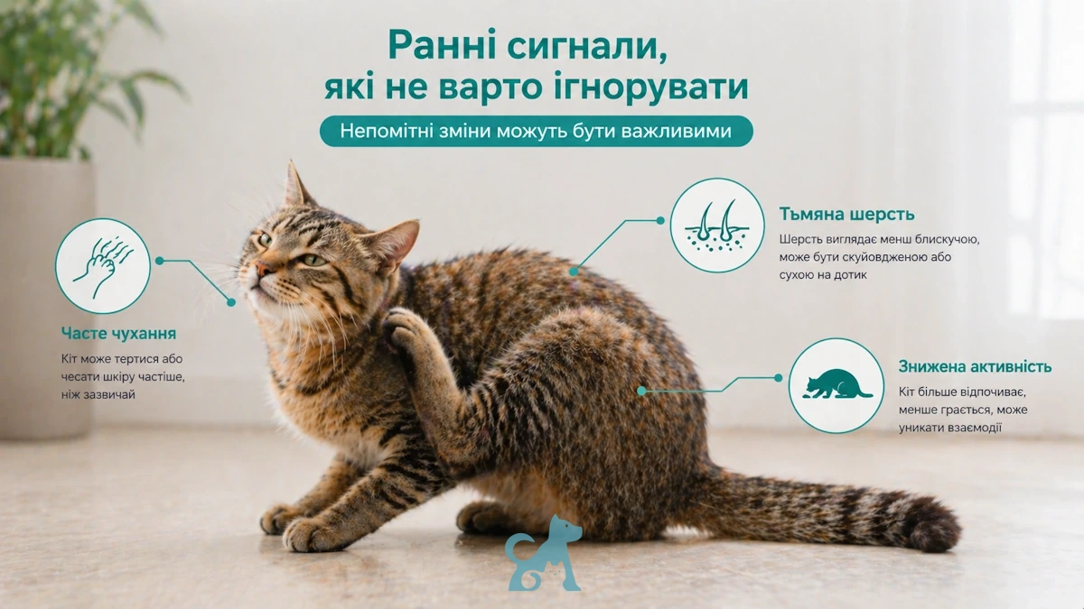 кіт чухається симптоми паразитів у кота свербіж тьмяна шерсть зниження активності