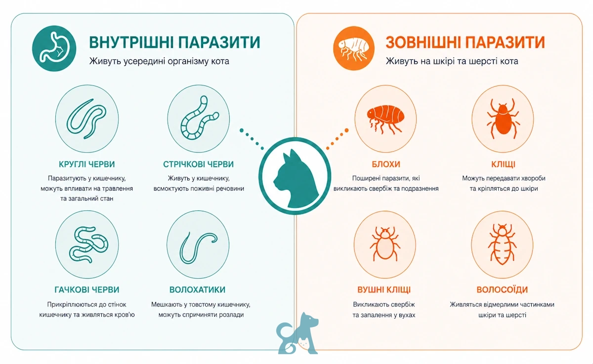 внутрішні та зовнішні паразити у котів інфографіка блохи кліщі глисти види паразитів