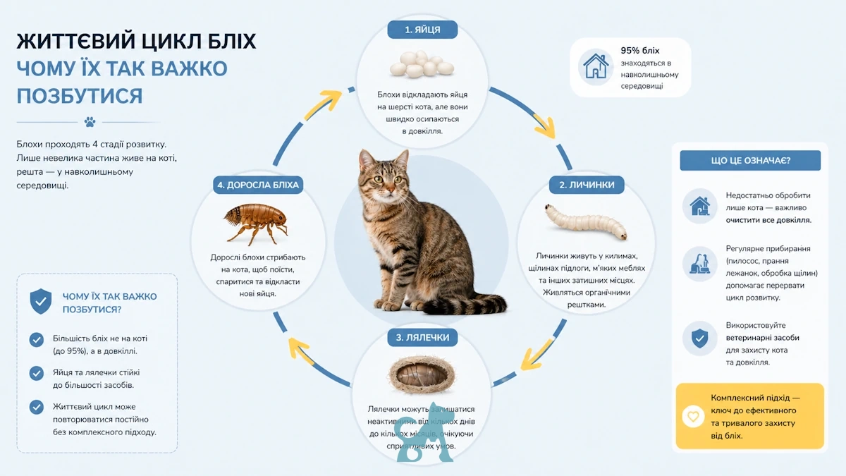 життєвий цикл бліх у кота — яйця личинки лялечки дорослі блохи схема