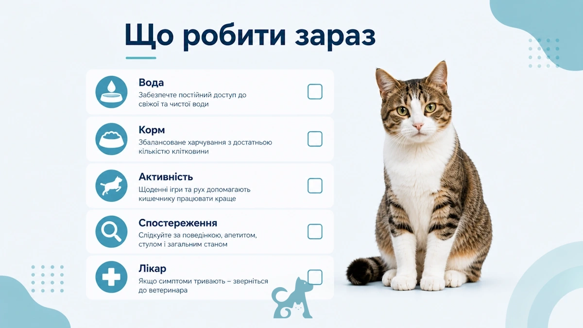 чеклист при запорі у кота — вода, корм, активність, спостереження і звернення до ветеринара