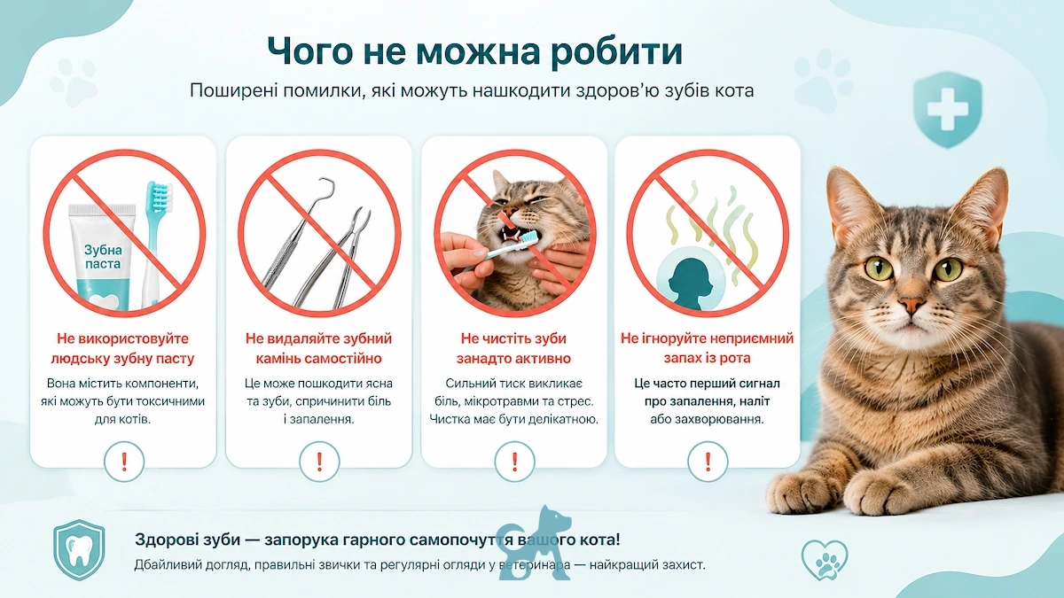 поширені помилки під час догляду за зубами кота — людська паста та агресивна чистка