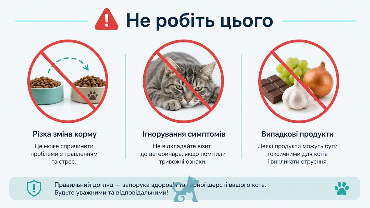помилки при линьці кота різка зміна корму ігнорування симптомів небезпечні продукти