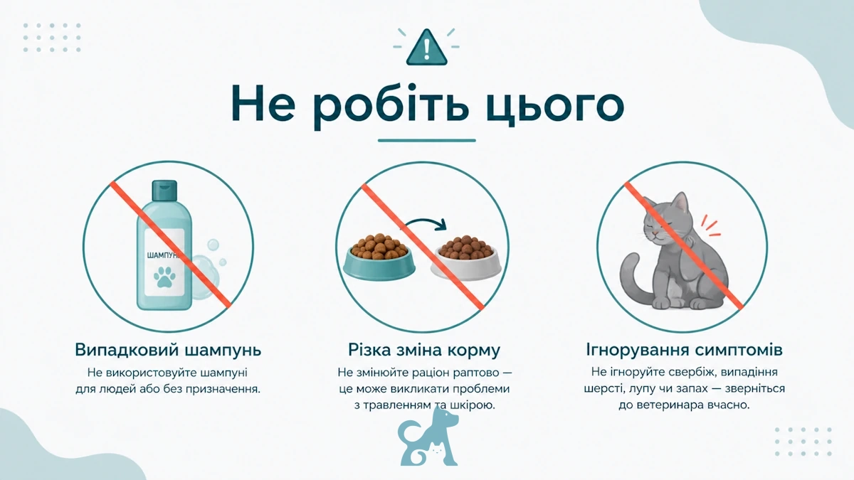чого не можна робити при проблемах з шерстю у кота — шампунь для людей, різка зміна корму, ігнорування симптомів