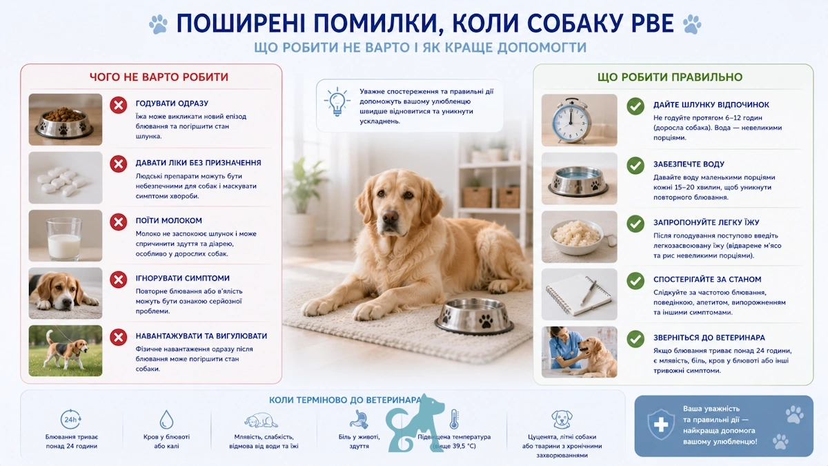 інфографіка про поширені помилки власників під час блювання у собаки та правильні дії для допомоги