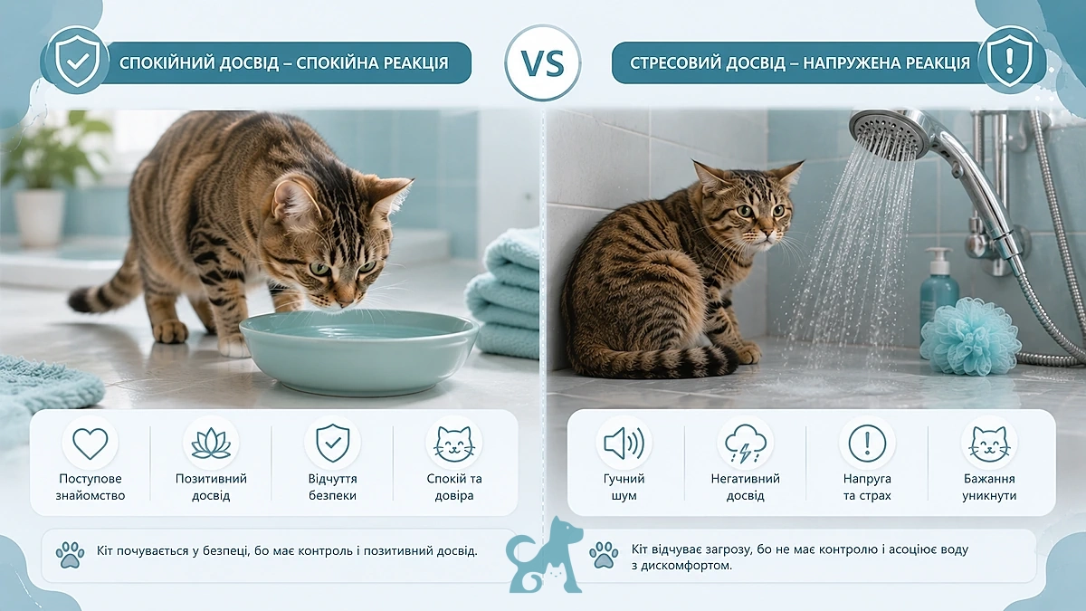 Порівняння спокійної та стресової реакції кота на воду і купання