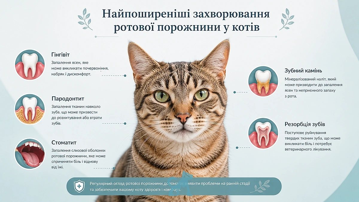 кіт із ілюстраціями стоматологічних захворювань — гінгівіт, зубний камінь і стоматит