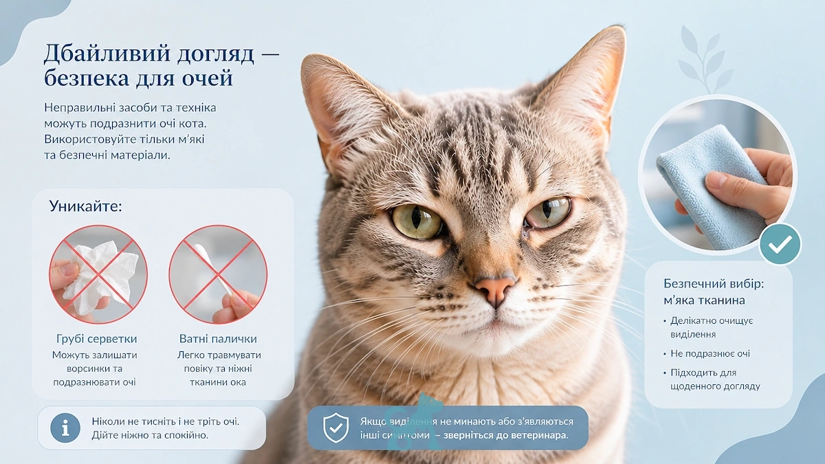 догляд за очима кота — безпечне очищення без ватних паличок і грубих серветок