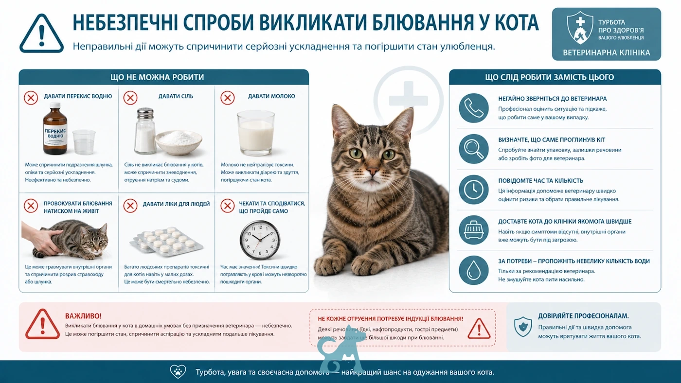 Інфографіка про небезпечні спроби викликати блювання у кота в домашніх умовах