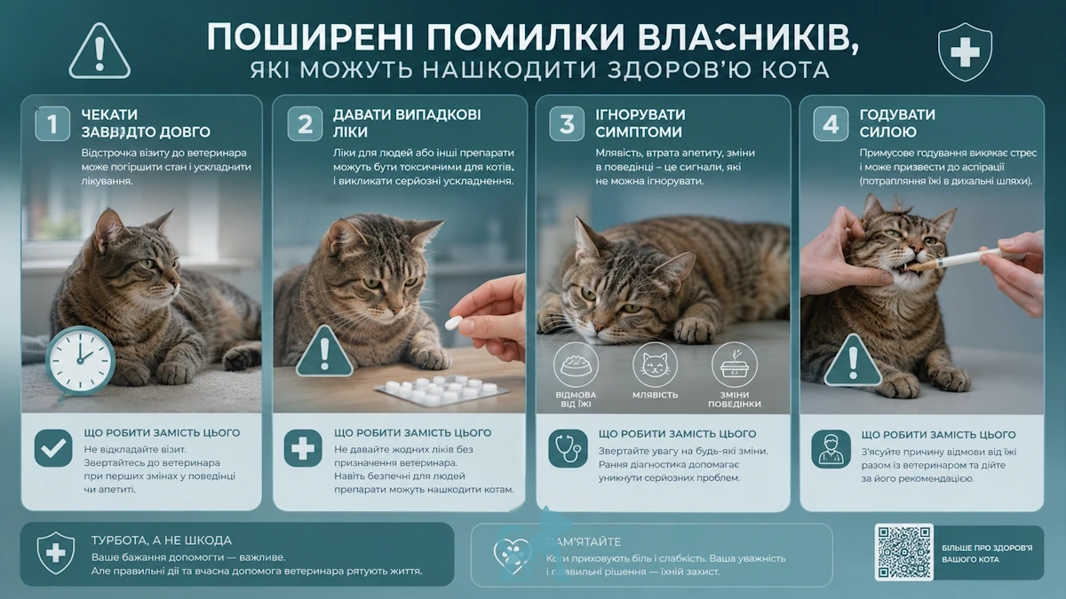 Інфографіка про поширені помилки власників та поєднання небезпечних симптомів у котів