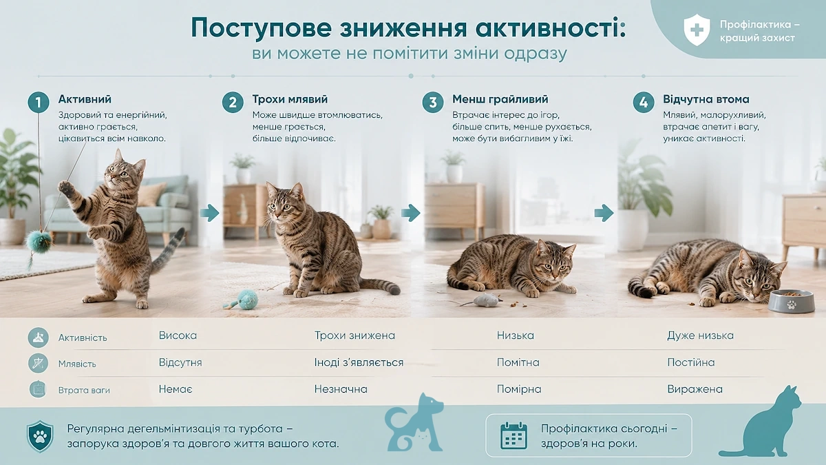 Поступове зниження активності кота через можливі паразити