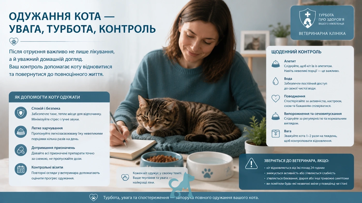 Власниця доглядає за котом під час відновлення після отруєння