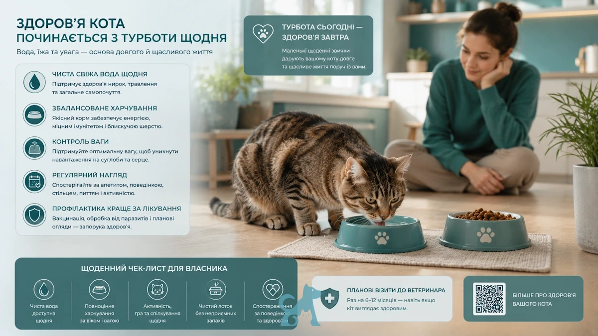 Кіт п’є воду біля мисок, поки власниця спостерігає за його станом