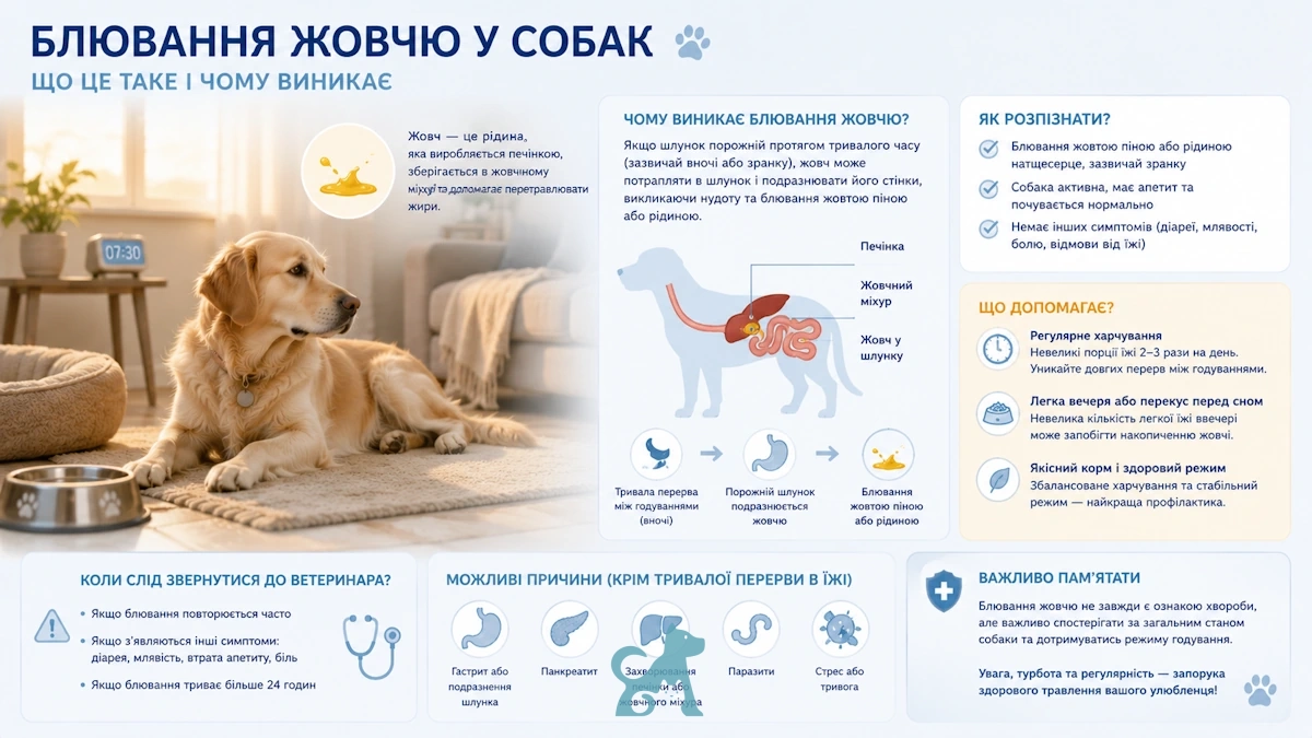 інфографіка про причини блювання жовтою піною у собаки та рекомендації для власників