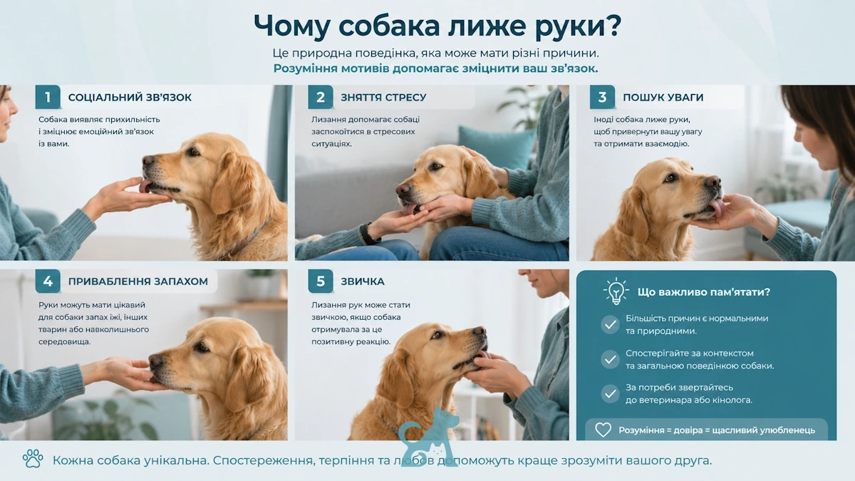 інфографіка з основними причинами, чому собака лиже руки господаря