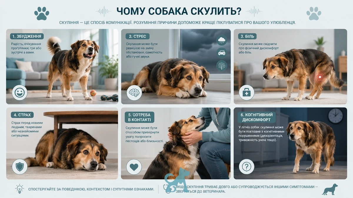 інфографіка з основними причинами скиглення собаки