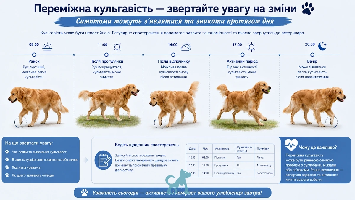 Собака з переміжною кульгавістю протягом дня та інфографіка зі змінами симптомів у різний час