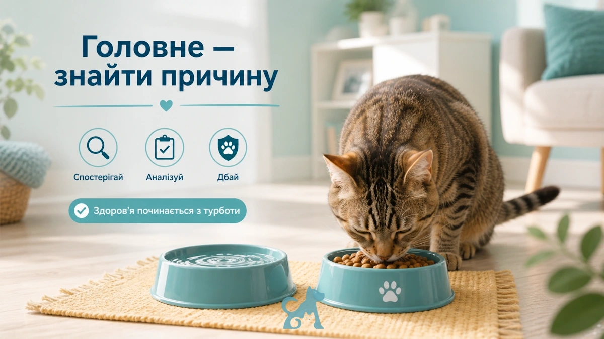 кіт їсть корм поруч із мискою з водою — важливо знайти причину діареї у кота