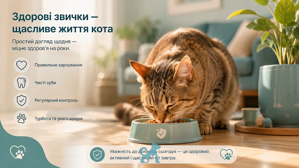 здоровий кіт їсть корм у домашньому середовищі — регулярний догляд за зубами кота