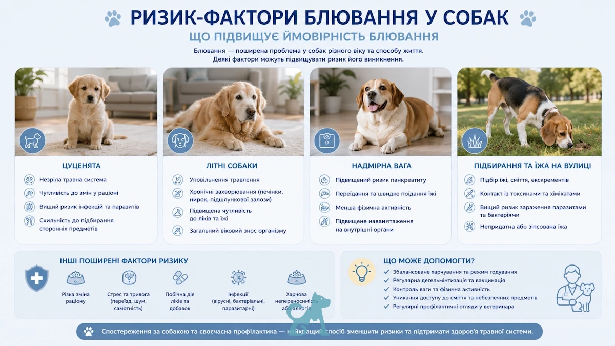 інфографіка про фактори ризику, які підвищують ймовірність блювання у собак різного віку