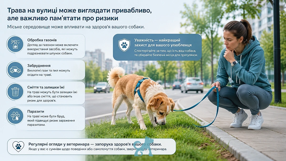 собака їсть траву біля дороги у місті — можливі фактори ризику для здоров’я