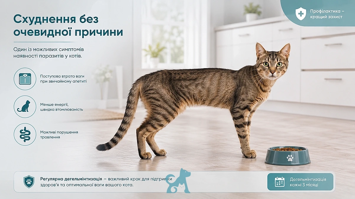 Кіт поступово худне без очевидної причини — можливий симптом паразитів
