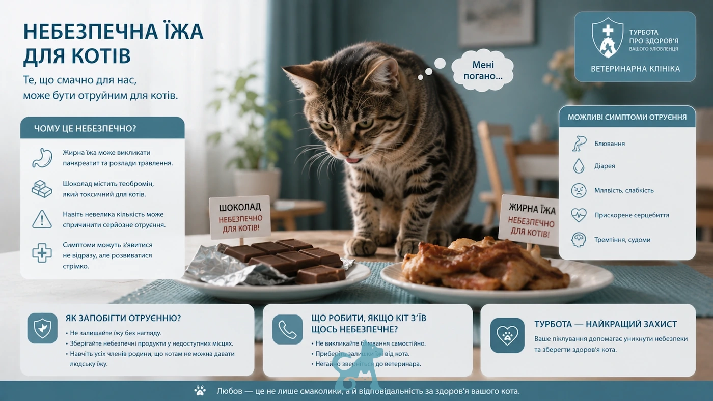 Кіт поруч із шоколадом та жирною їжею — небезпечними продуктами для котів