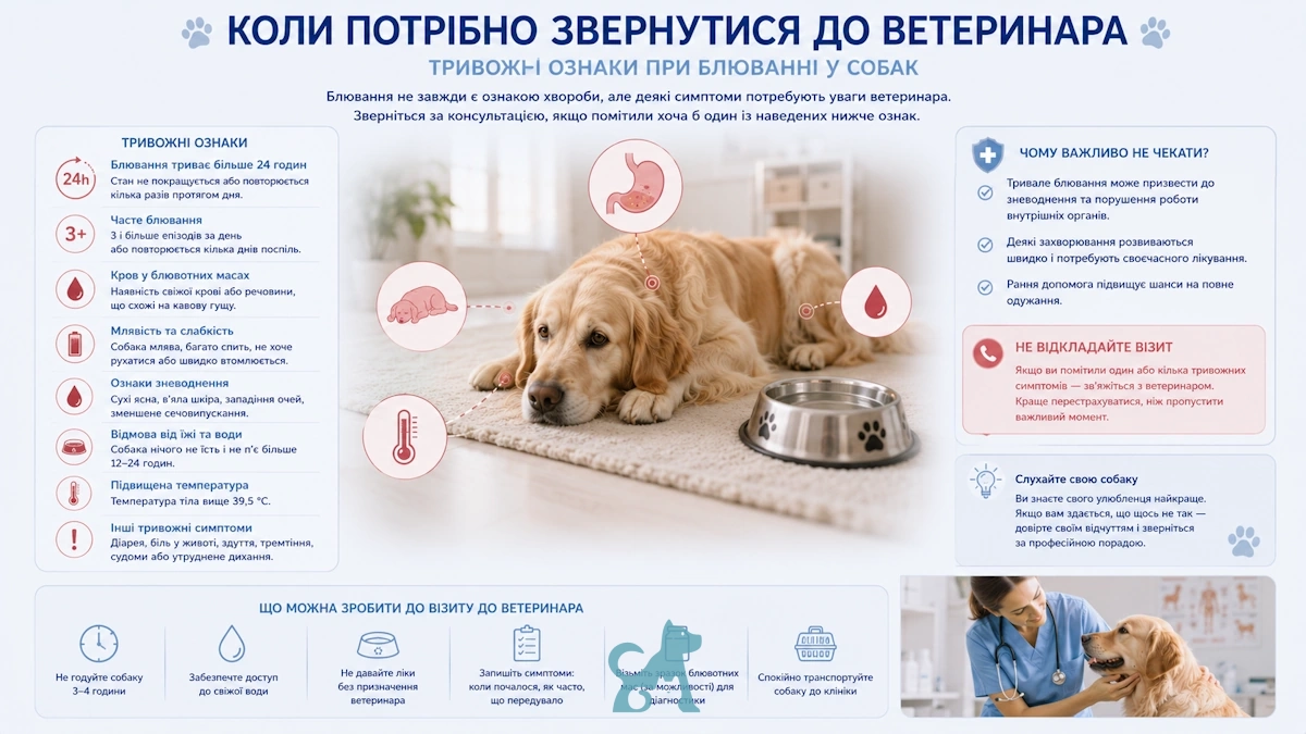інфографіка про тривожні симптоми блювання у собак та випадки, коли потрібна термінова ветеринарна допомога