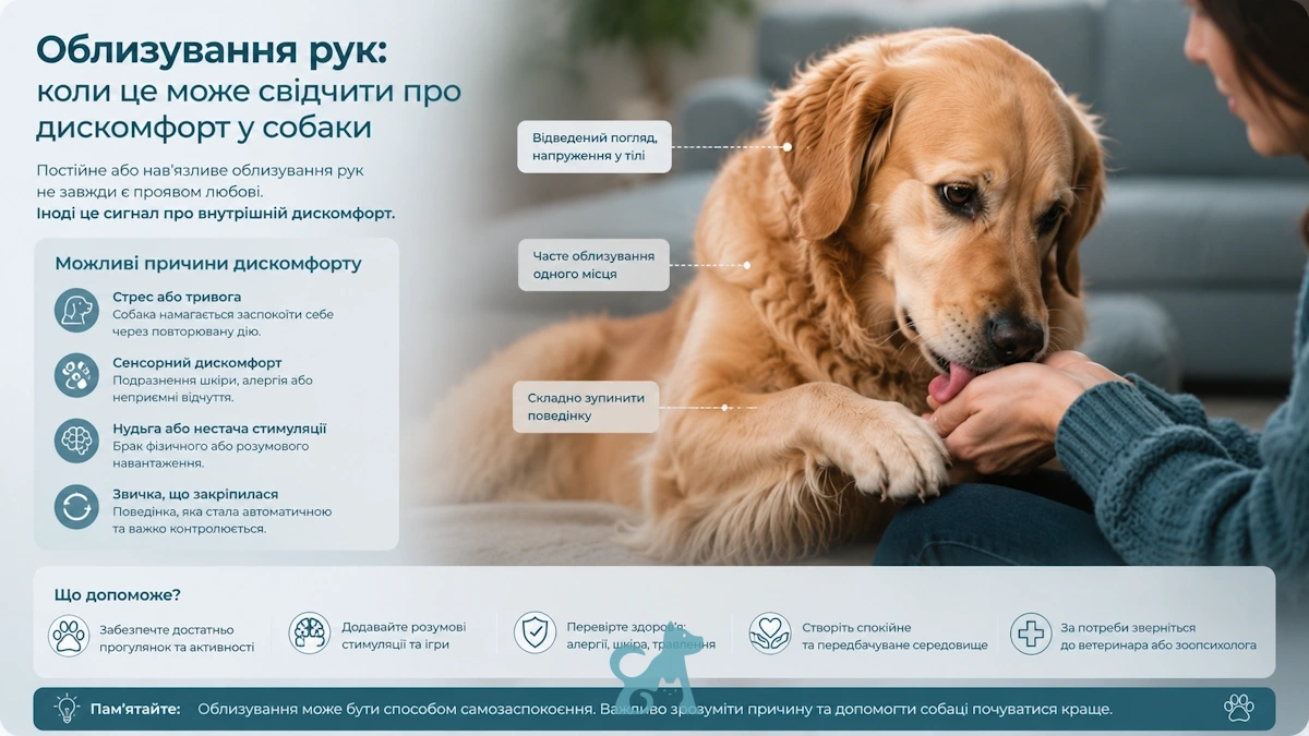 собака нав’язливо лиже руки господаря через можливий дискомфорт або стрес