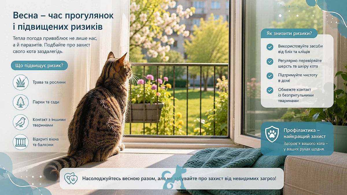 Кіт біля відкритого вікна навесні — профілактика та контроль ризиків для здоров’я